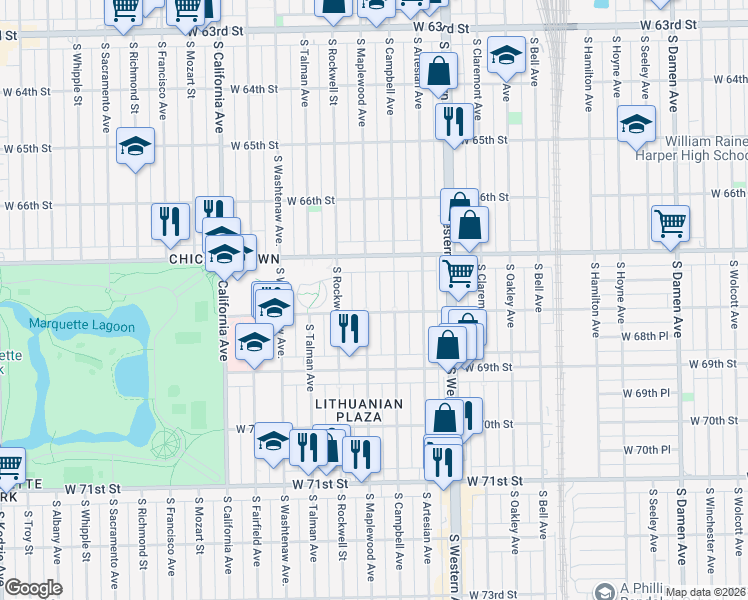 map of restaurants, bars, coffee shops, grocery stores, and more near 6747 South Maplewood Avenue in Chicago