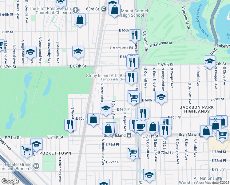 map of restaurants, bars, coffee shops, grocery stores, and more near 6831 South Dante Avenue in Chicago