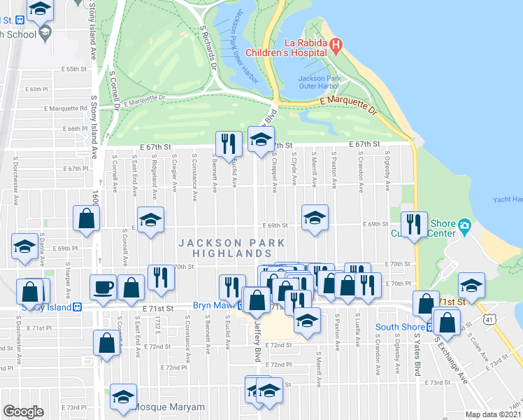 map of restaurants, bars, coffee shops, grocery stores, and more near 6839 S Jeffery Blvd in Chicago