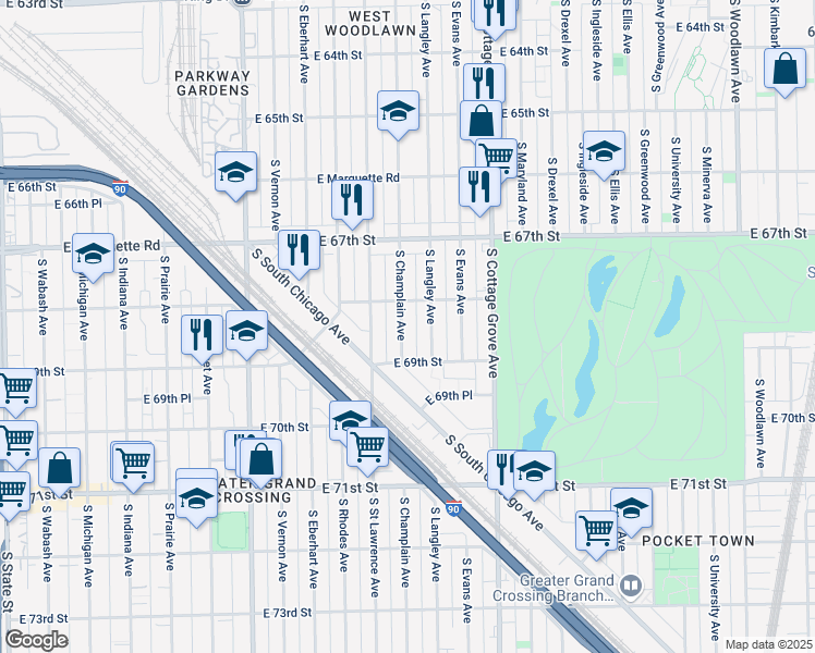 map of restaurants, bars, coffee shops, grocery stores, and more near 6823 South Champlain Avenue in Chicago