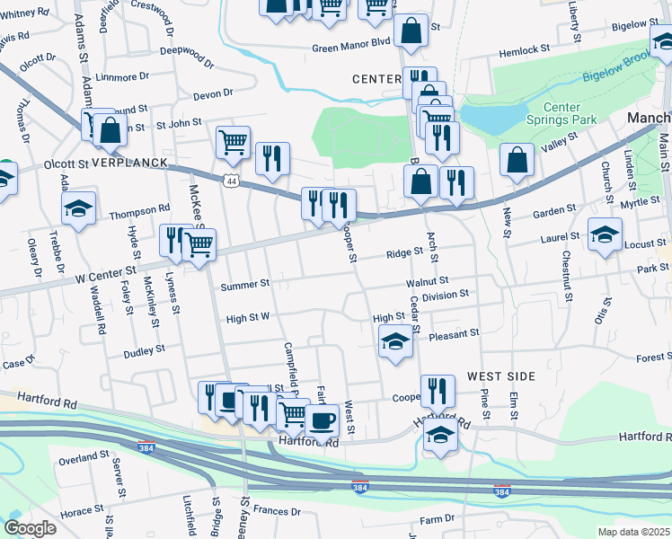 map of restaurants, bars, coffee shops, grocery stores, and more near 17 Summer Street in Manchester