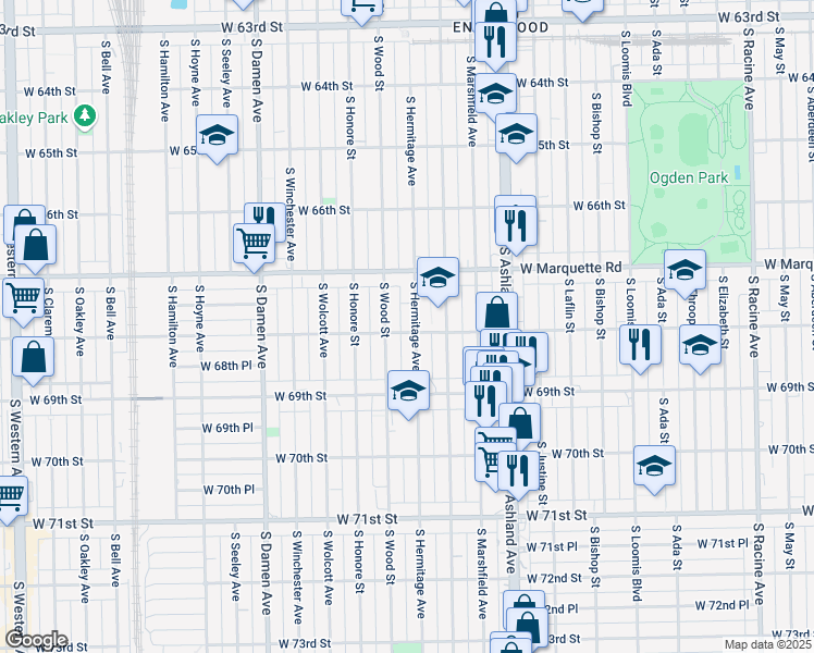 map of restaurants, bars, coffee shops, grocery stores, and more near 6754 South Hermitage Avenue in Chicago