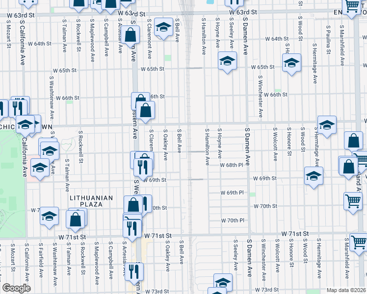 map of restaurants, bars, coffee shops, grocery stores, and more near 6751 South Bell Avenue in Chicago