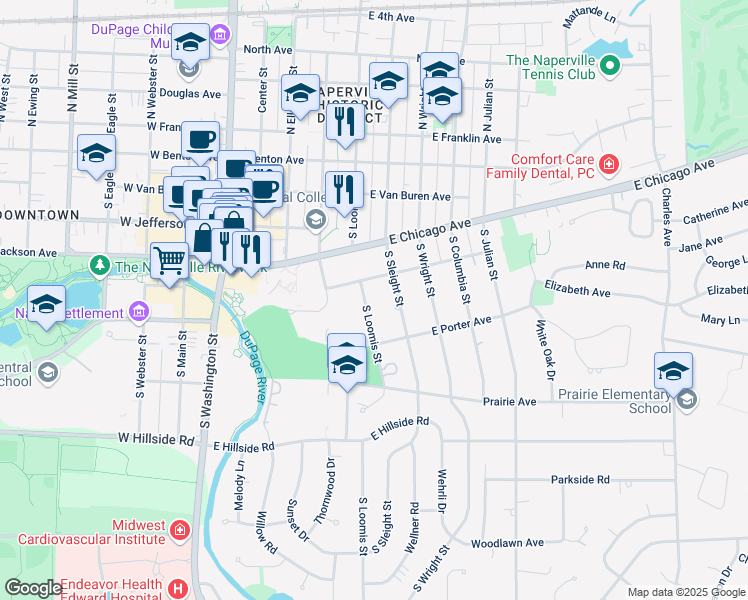 map of restaurants, bars, coffee shops, grocery stores, and more near 324 South Loomis Street in Naperville