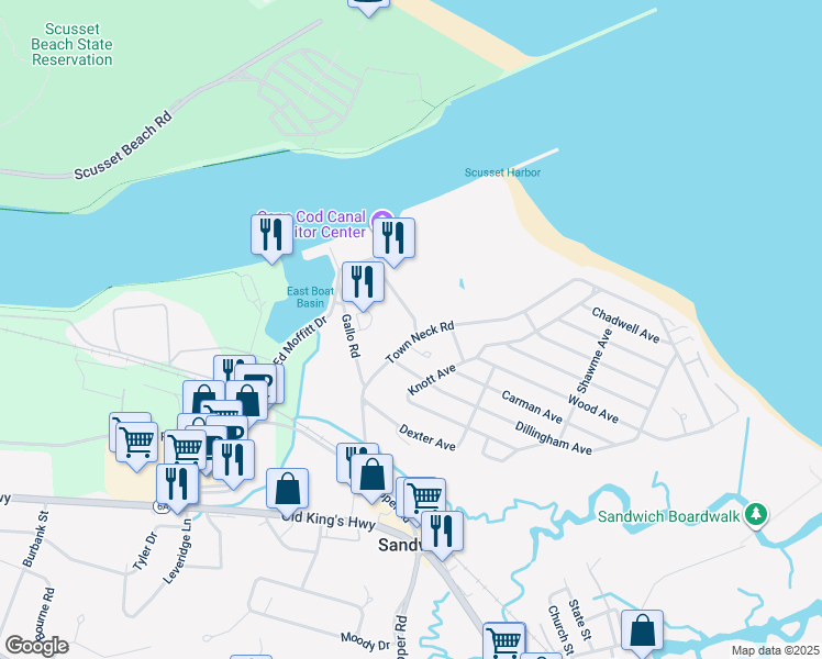 map of restaurants, bars, coffee shops, grocery stores, and more near 7 Coast Guard Road in Sandwich