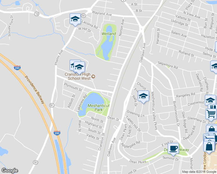 map of restaurants, bars, coffee shops, grocery stores, and more near 18 Adams Street in Cranston