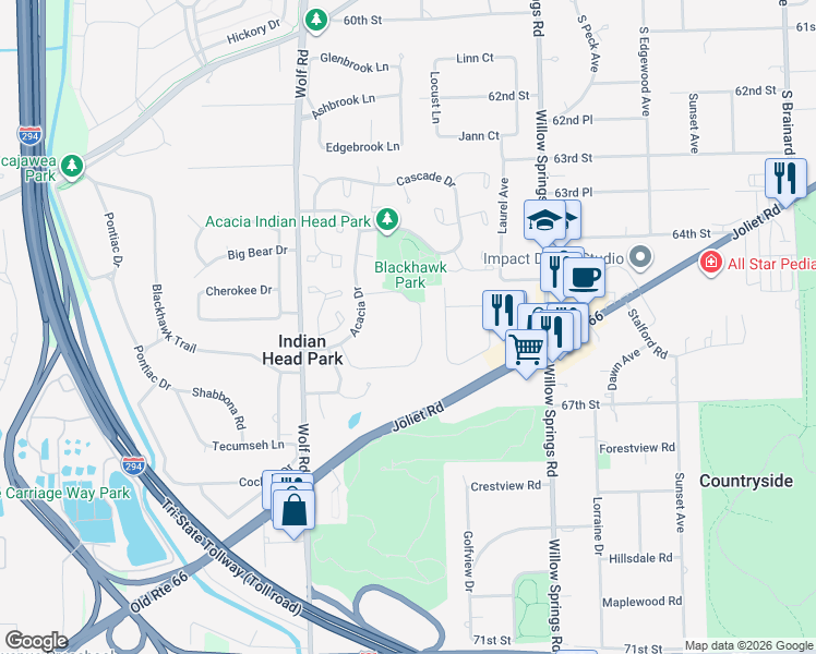 map of restaurants, bars, coffee shops, grocery stores, and more near 125 Acacia Circle in Indian Head Park