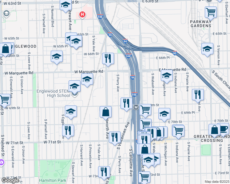 map of restaurants, bars, coffee shops, grocery stores, and more near 6804 South Perry Avenue in Chicago