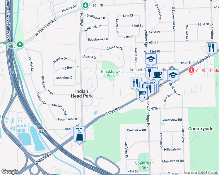 map of restaurants, bars, coffee shops, grocery stores, and more near 125 Acacia Circle in Indian Head Park