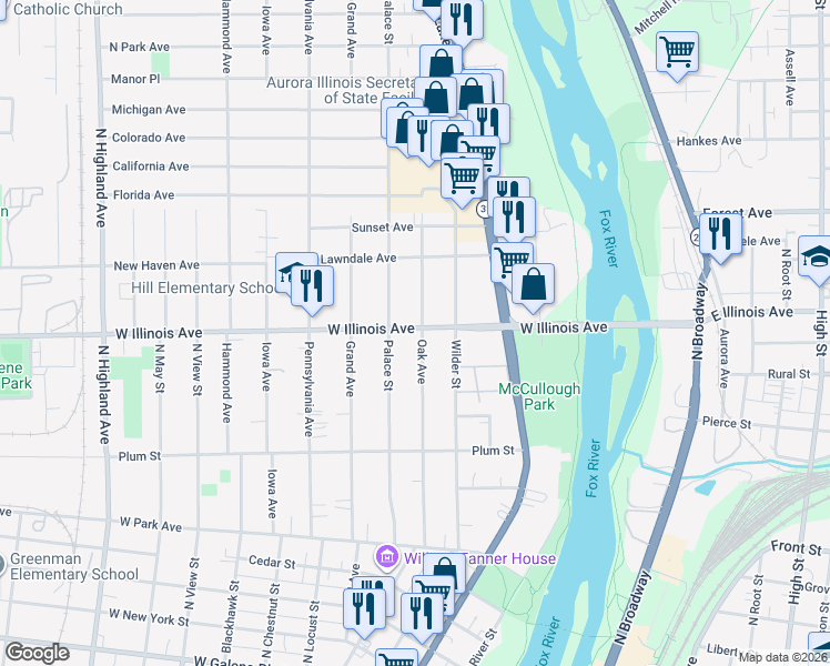 map of restaurants, bars, coffee shops, grocery stores, and more near 648 Oak Avenue in Aurora