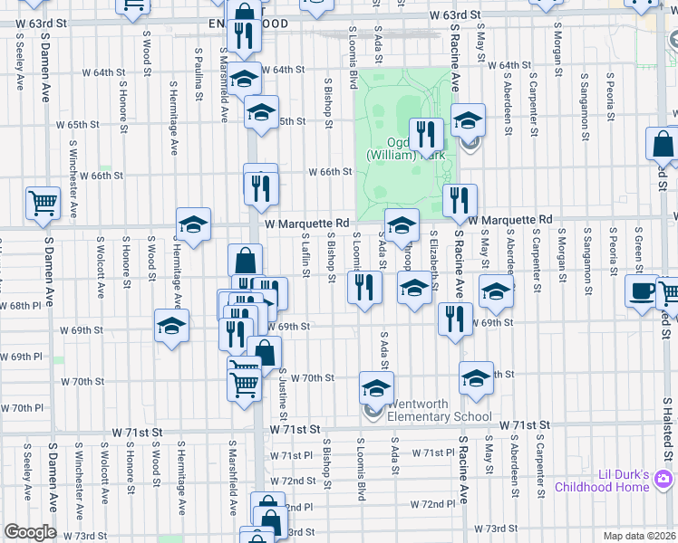 map of restaurants, bars, coffee shops, grocery stores, and more near 6759 South Bishop Street in Chicago