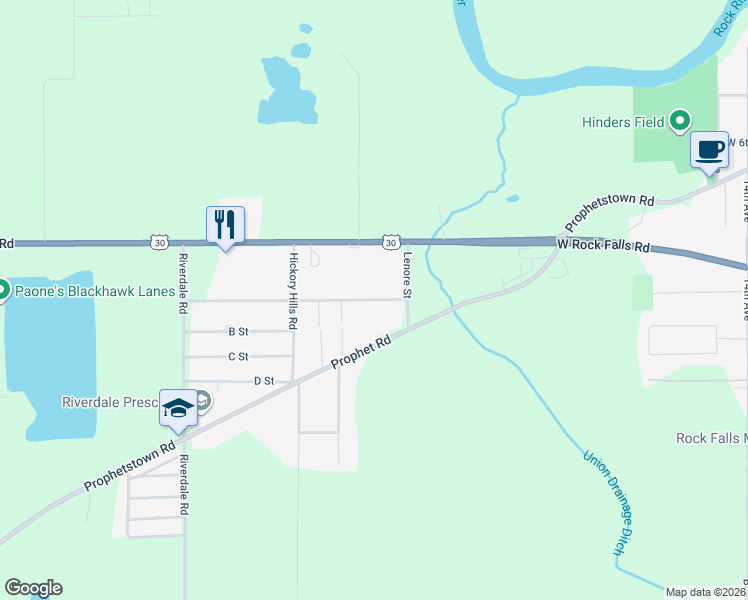 map of restaurants, bars, coffee shops, grocery stores, and more near A Street in Rock Falls