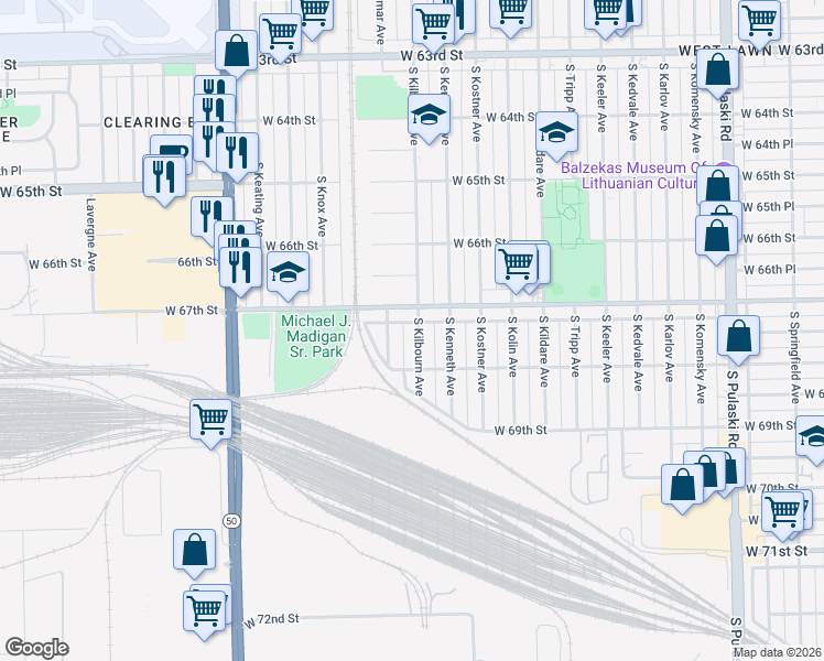 map of restaurants, bars, coffee shops, grocery stores, and more near 6720 South Kilbourn Avenue in Chicago