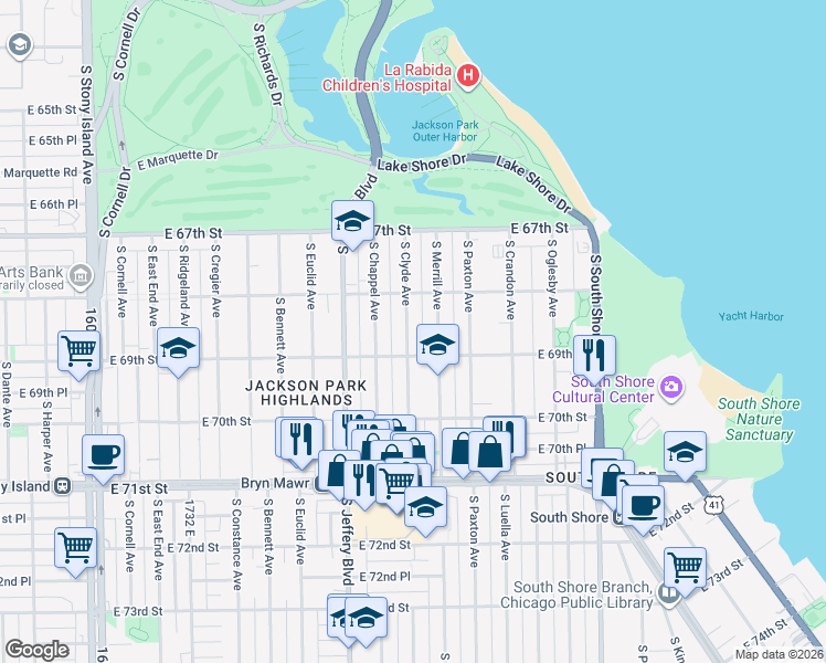 map of restaurants, bars, coffee shops, grocery stores, and more near 6849 South Clyde Avenue in Chicago