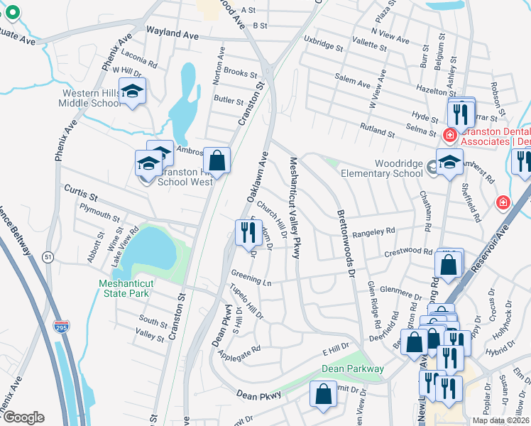 map of restaurants, bars, coffee shops, grocery stores, and more near 25 Church Hill Drive in Cranston