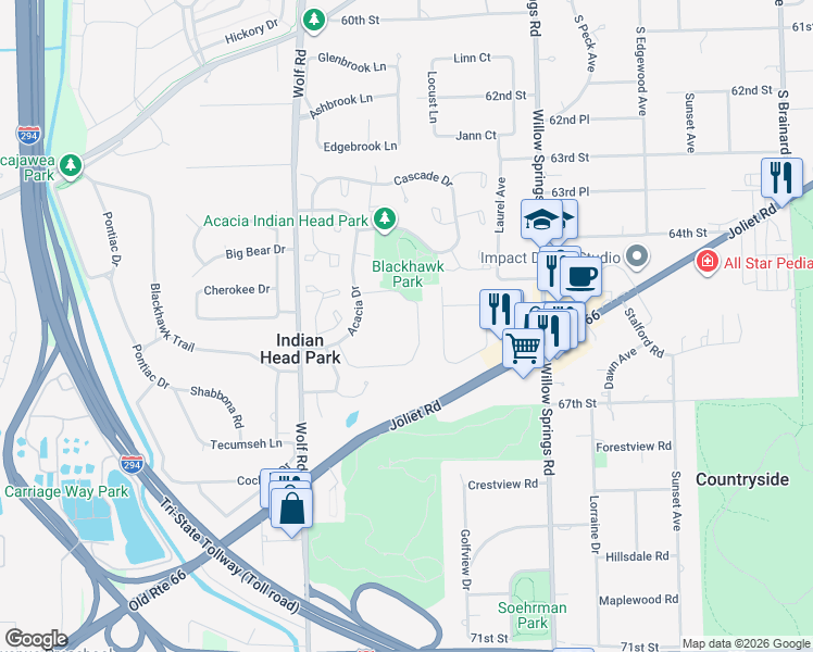 map of restaurants, bars, coffee shops, grocery stores, and more near 125 Acacia Circle in La Grange