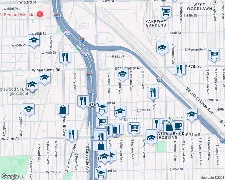 map of restaurants, bars, coffee shops, grocery stores, and more near 6813 South Wabash Avenue in Chicago