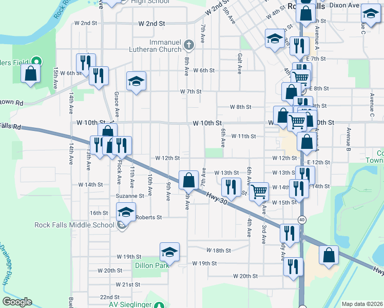 map of restaurants, bars, coffee shops, grocery stores, and more near 1109 8th Avenue in Rock Falls