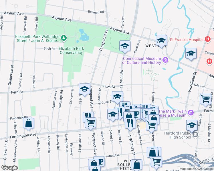 map of restaurants, bars, coffee shops, grocery stores, and more near 211 Oxford Street in Hartford