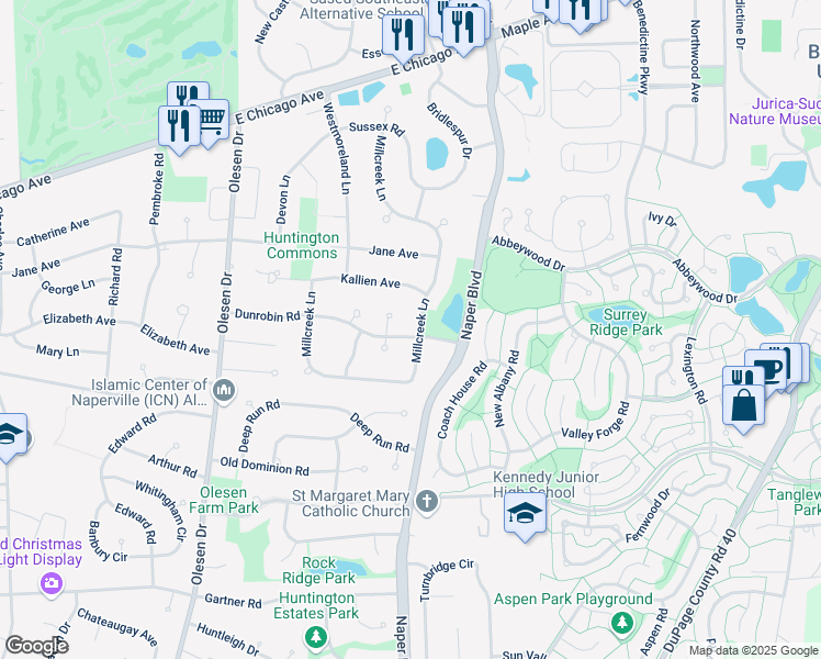 map of restaurants, bars, coffee shops, grocery stores, and more near 1407 Dunrobin Road in Naperville