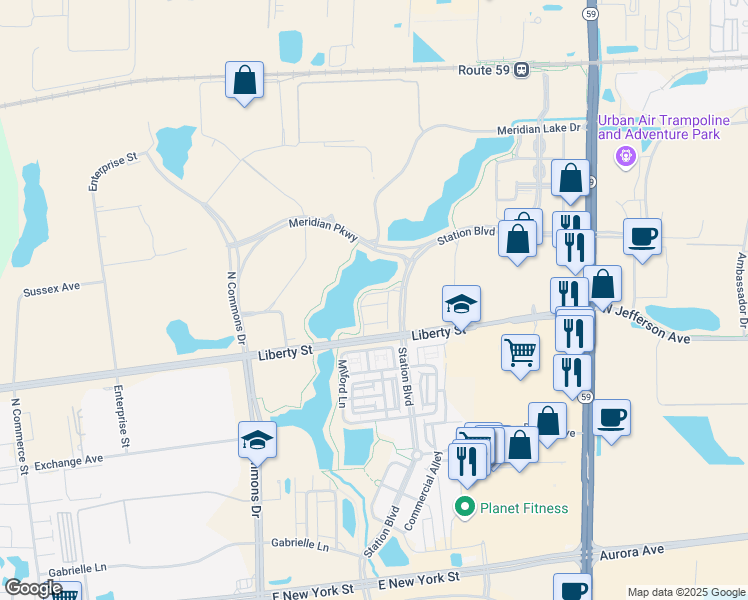 map of restaurants, bars, coffee shops, grocery stores, and more near 985 Times Square Drive in Aurora