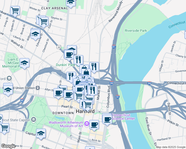 map of restaurants, bars, coffee shops, grocery stores, and more near 50 Morgan Street South in Hartford