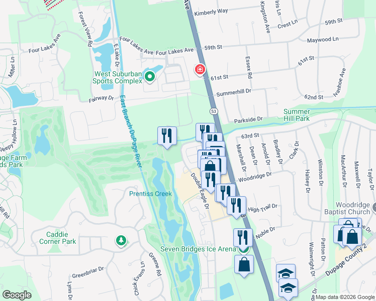 map of restaurants, bars, coffee shops, grocery stores, and more near 3555 Bunker Drive in Woodridge