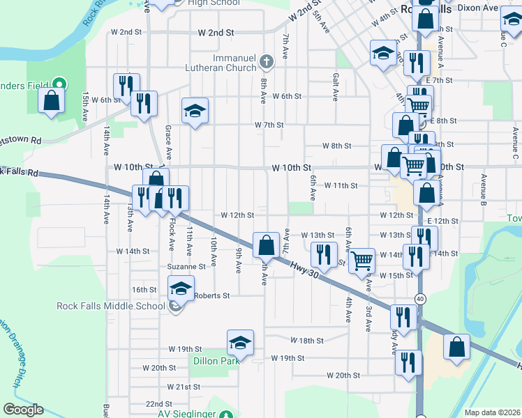 map of restaurants, bars, coffee shops, grocery stores, and more near 1109 8th Avenue in Rock Falls
