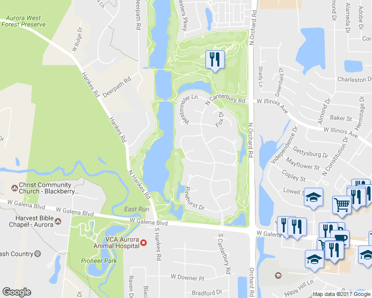 map of restaurants, bars, coffee shops, grocery stores, and more near 2533 Meadow Green Court in Aurora