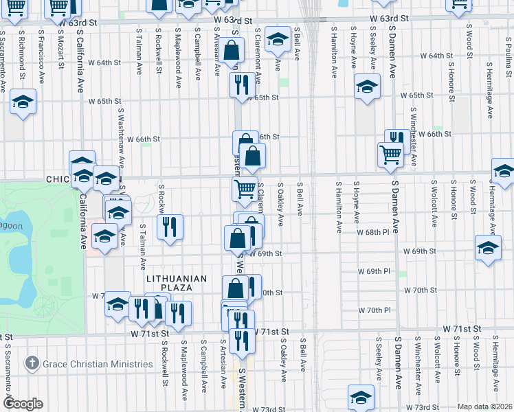 map of restaurants, bars, coffee shops, grocery stores, and more near 6752 South Claremont Avenue in Chicago