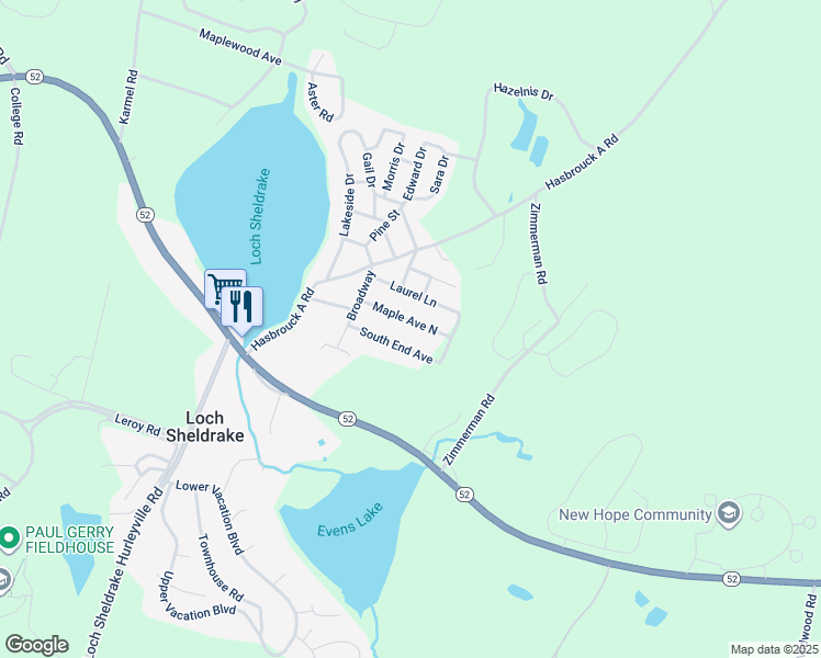 map of restaurants, bars, coffee shops, grocery stores, and more near 24 Maple Street in Fallsburg