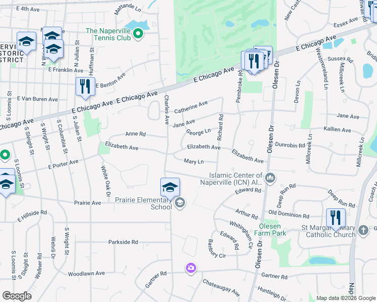 map of restaurants, bars, coffee shops, grocery stores, and more near 1132 Elizabeth Avenue in Naperville
