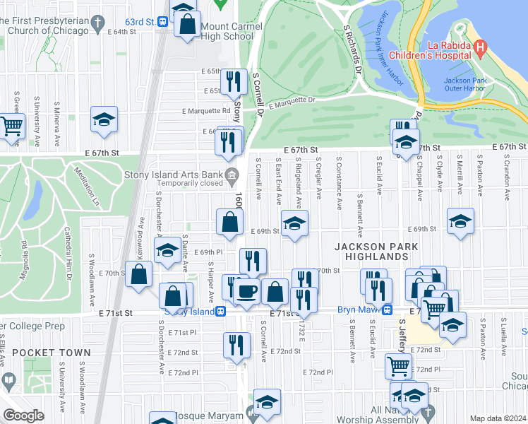 map of restaurants, bars, coffee shops, grocery stores, and more near 6831 South Cornell Avenue in Chicago