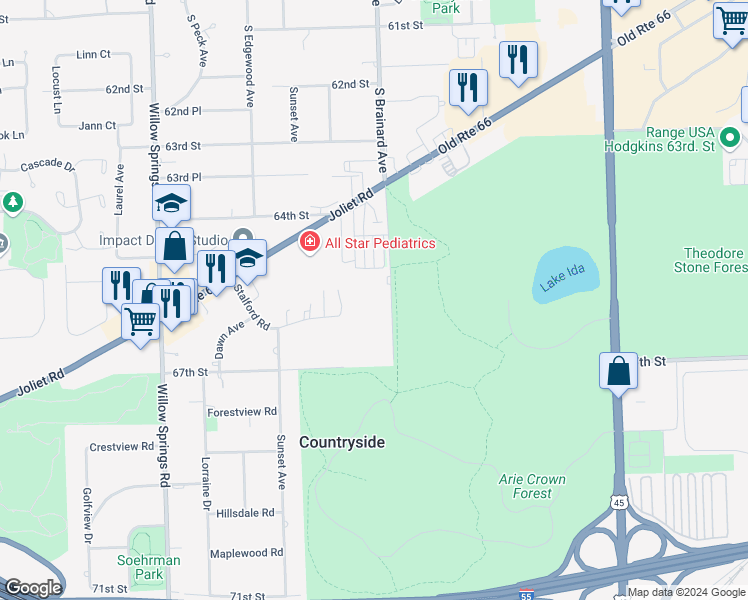 map of restaurants, bars, coffee shops, grocery stores, and more near 6660 South Brainard Avenue in Countryside