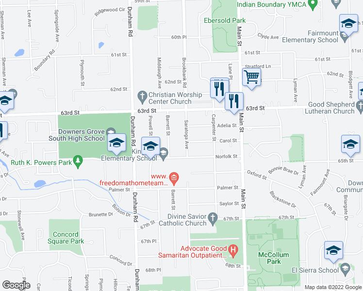 map of restaurants, bars, coffee shops, grocery stores, and more near 6404 Saratoga Avenue in Downers Grove