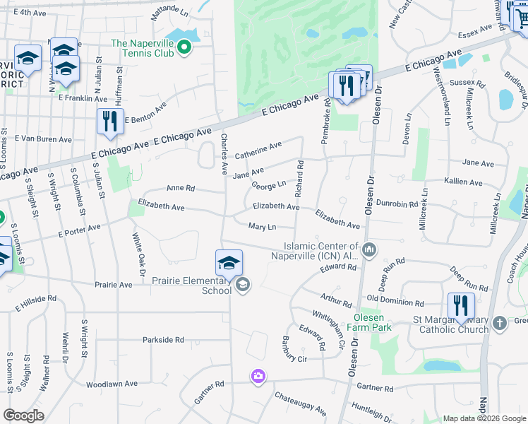 map of restaurants, bars, coffee shops, grocery stores, and more near 1132 Elizabeth Avenue in Naperville