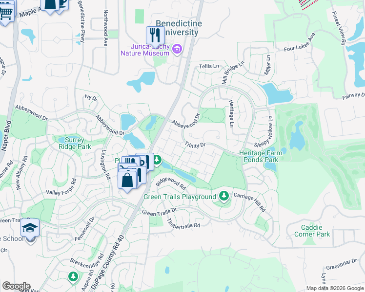 map of restaurants, bars, coffee shops, grocery stores, and more near 2300 Trowbridge Way in Lisle