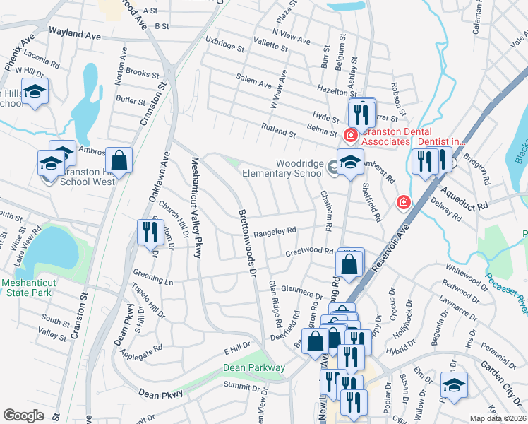 map of restaurants, bars, coffee shops, grocery stores, and more near 96 Meredith Drive in Cranston