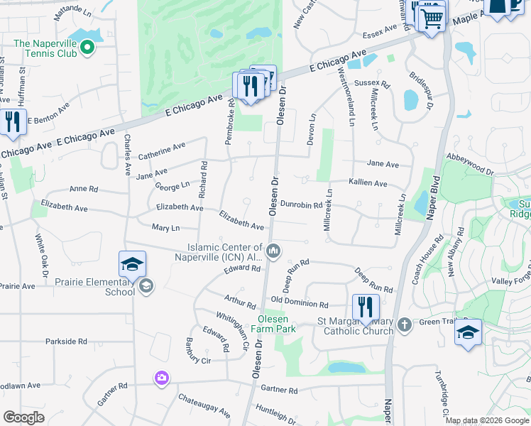 map of restaurants, bars, coffee shops, grocery stores, and more near 245 Olesen Drive in Naperville