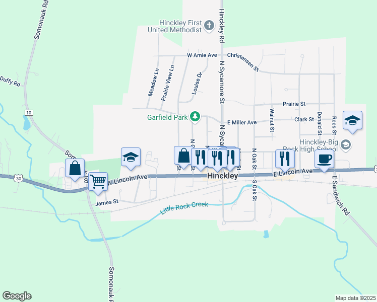 map of restaurants, bars, coffee shops, grocery stores, and more near 209 North Garfield Street in Hinckley