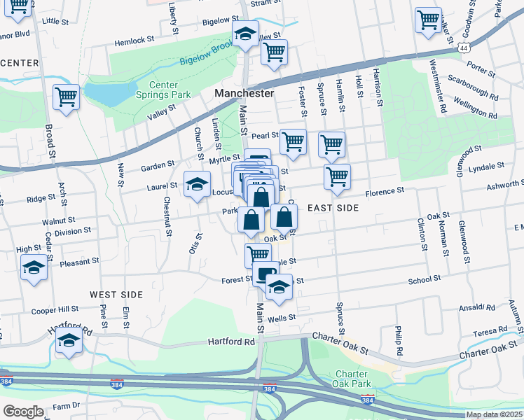 map of restaurants, bars, coffee shops, grocery stores, and more near 901 Main Street in Manchester