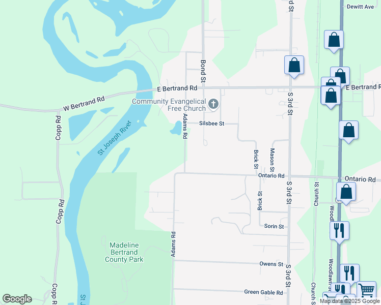 map of restaurants, bars, coffee shops, grocery stores, and more near 2823 Adams Road in Niles