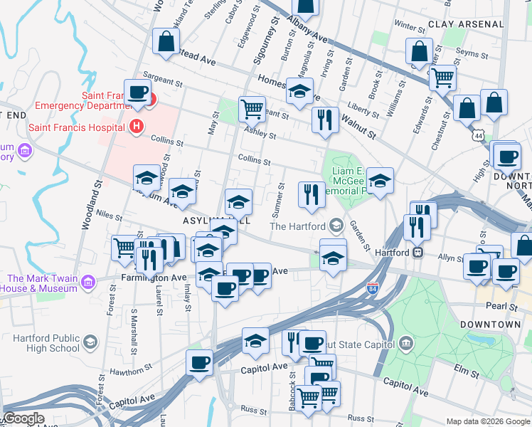 map of restaurants, bars, coffee shops, grocery stores, and more near 33 Sumner Street in Hartford