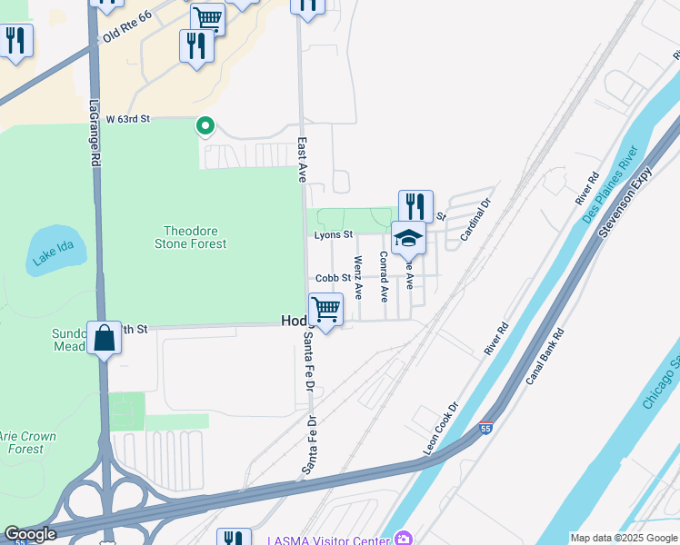 map of restaurants, bars, coffee shops, grocery stores, and more near 6513 Chester Avenue in Hodgkins