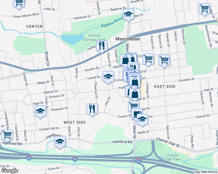 map of restaurants, bars, coffee shops, grocery stores, and more near 73 Park Street in Manchester