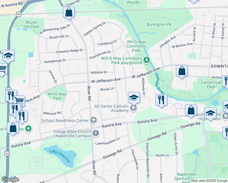 map of restaurants, bars, coffee shops, grocery stores, and more near 309 Green Valley Drive in Naperville