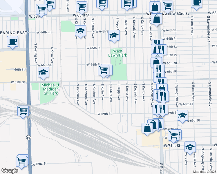 map of restaurants, bars, coffee shops, grocery stores, and more near 6727 South Kolin Avenue in Chicago