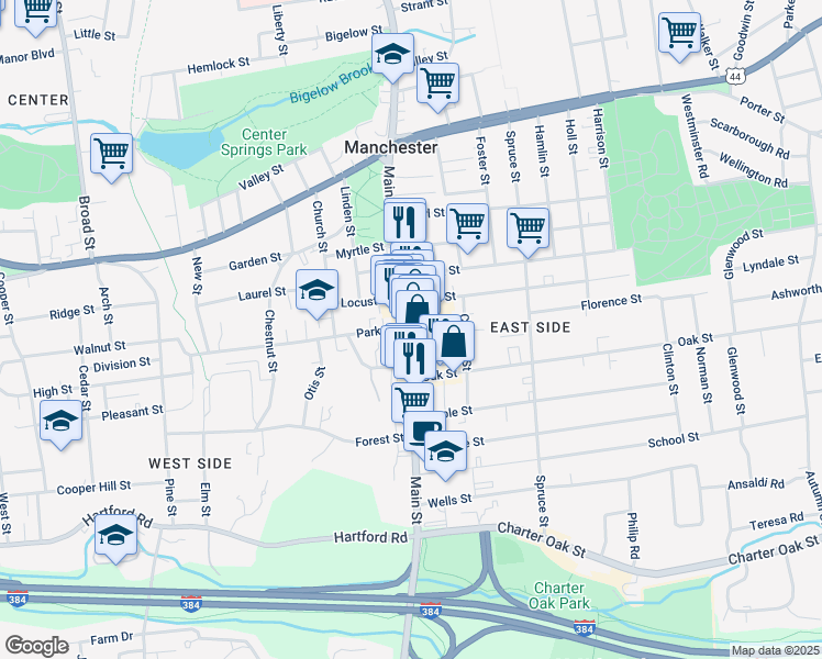 map of restaurants, bars, coffee shops, grocery stores, and more near 901 Main Street in Manchester