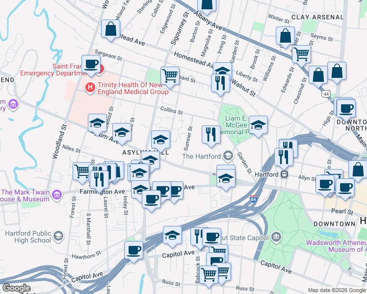 map of restaurants, bars, coffee shops, grocery stores, and more near 33 Sumner Street in Hartford
