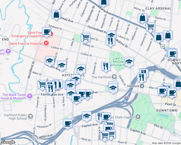 map of restaurants, bars, coffee shops, grocery stores, and more near 33 Sumner Street in Hartford